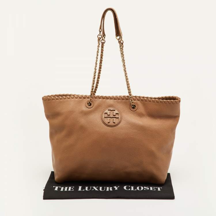 Pre Owned Tory Burch Marion Whipstitch Brown Leather Tote