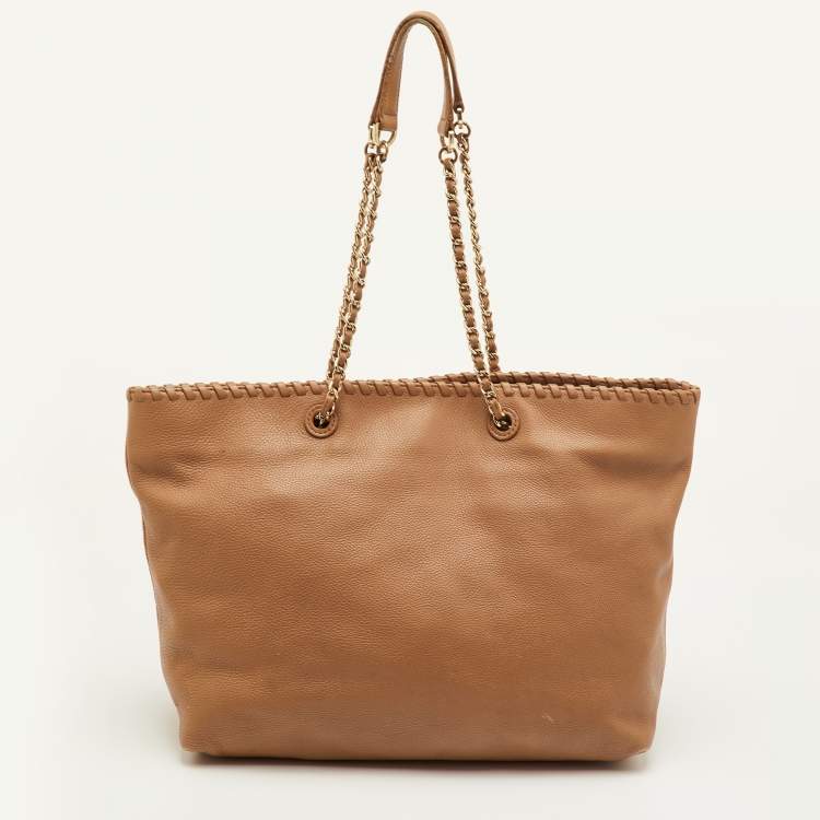 Pre Owned Tory Burch Marion Whipstitch Brown Leather Tote