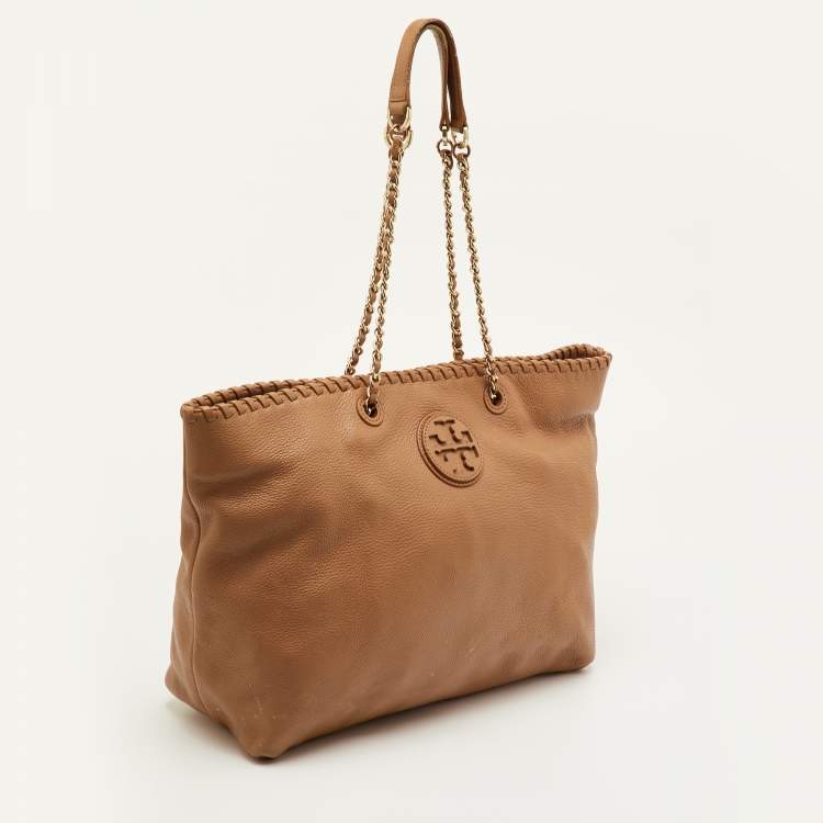 Pre Owned Tory Burch Marion Whipstitch Brown Leather Tote