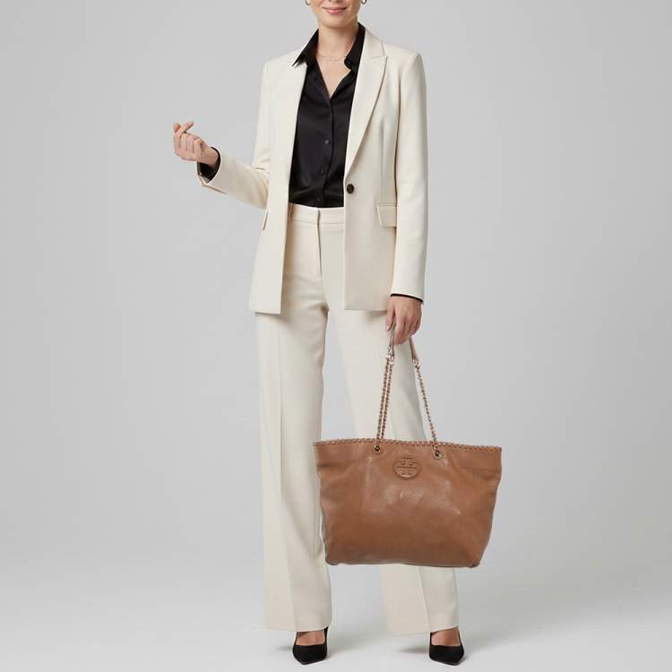 Pre Owned Tory Burch Marion Whipstitch Brown Leather Tote