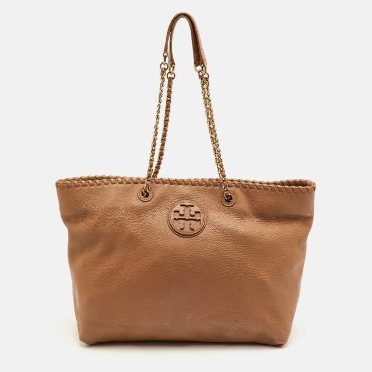 Pre Owned Tory Burch Marion Whipstitch Brown Leather Tote