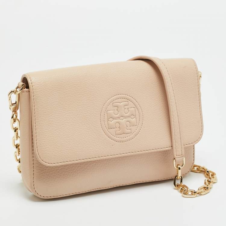 Pre Owned Tory Burch Bombe Flap Mini Beige Leather Shoulder Bag
