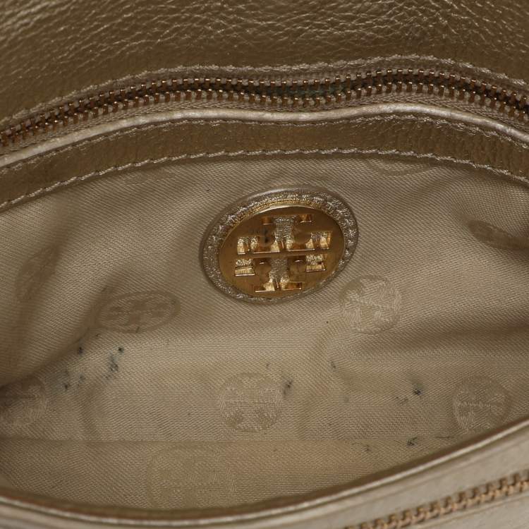 Pre Owned Tory Burch Britten Gold Leather Flap Crossbody Bag