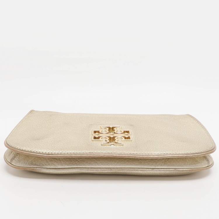 Pre Owned Tory Burch Britten Gold Leather Flap Crossbody Bag