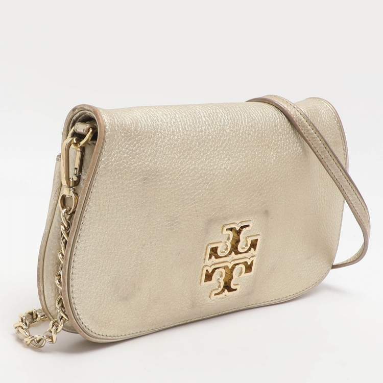 Pre Owned Tory Burch Britten Gold Leather Flap Crossbody Bag