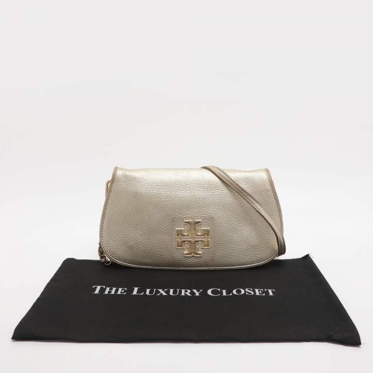 Pre Owned Tory Burch Britten Gold Leather Flap Crossbody Bag