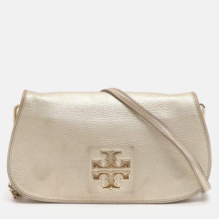Pre Owned Tory Burch Britten Gold Leather Flap Crossbody Bag