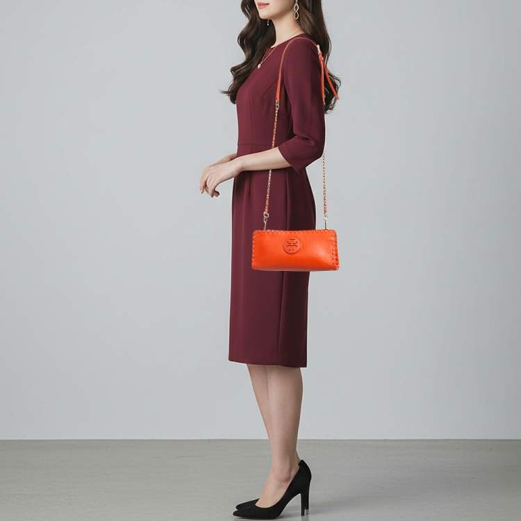 Pre Owned Tory Burch Marion Orange Leather Chain Crossbody Bag