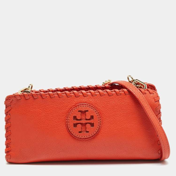 Pre Owned Tory Burch Marion Orange Leather Chain Crossbody Bag