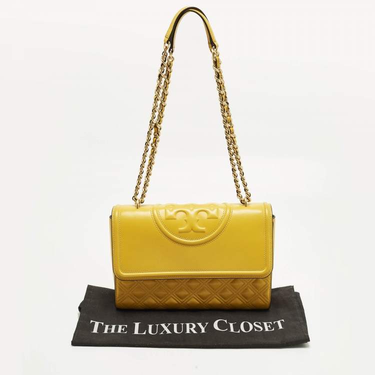 Pre Owned Tory Burch Fleming Yellow Leather Convertible Shoulder Bag