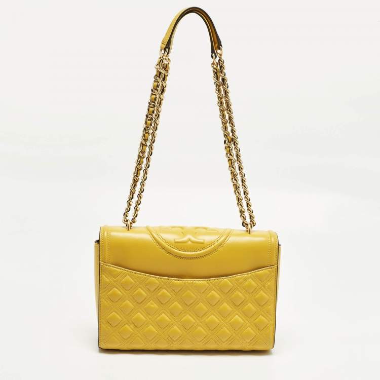 Pre Owned Tory Burch Fleming Yellow Leather Convertible Shoulder Bag