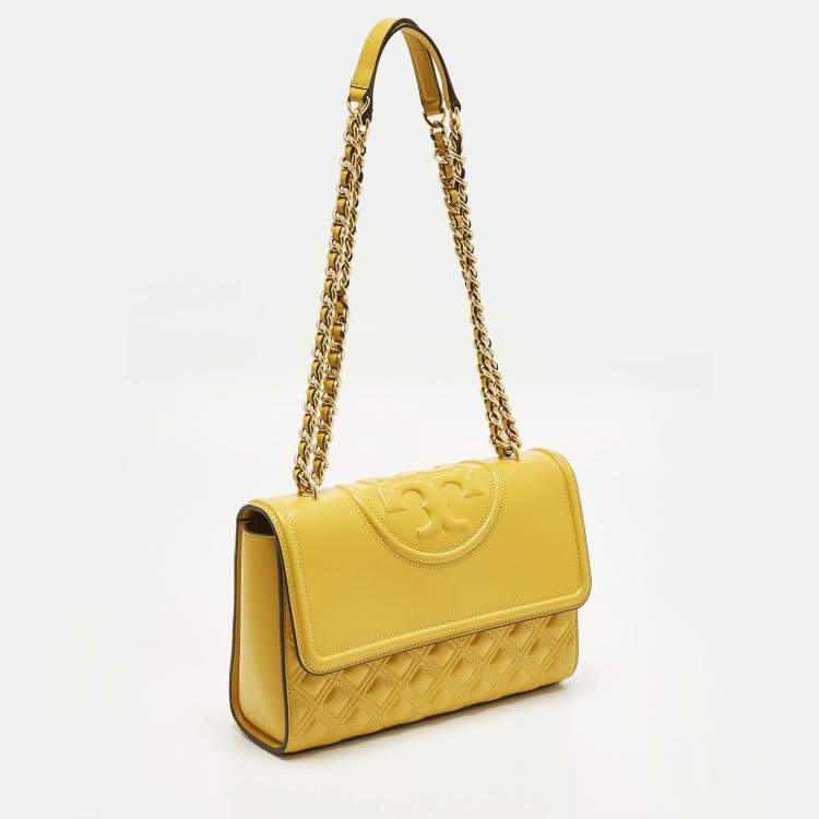 Pre Owned Tory Burch Fleming Yellow Leather Convertible Shoulder Bag