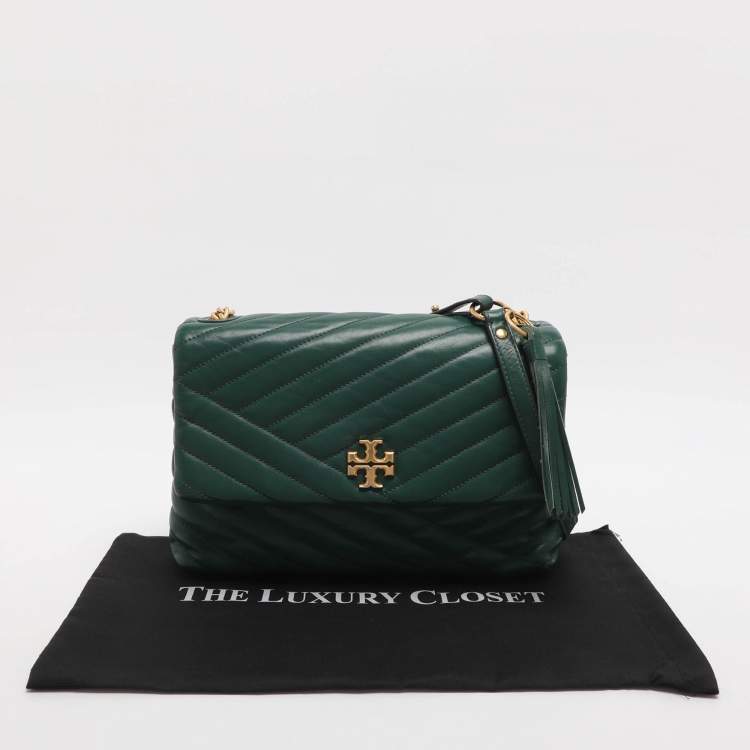 Pre Owned Tory Burch Kira Green Chevron Leather Shoulder Bag