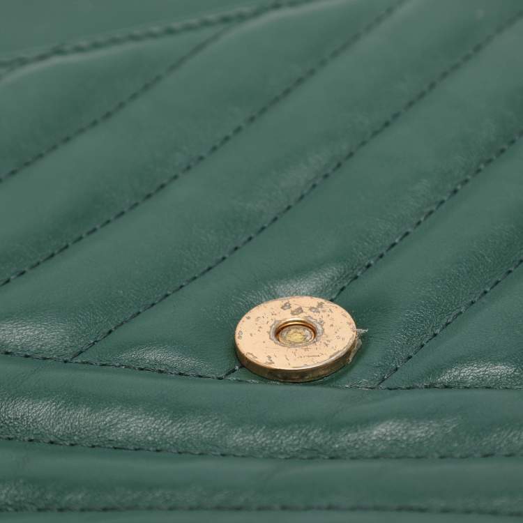 Pre Owned Tory Burch Kira Green Chevron Leather Shoulder Bag