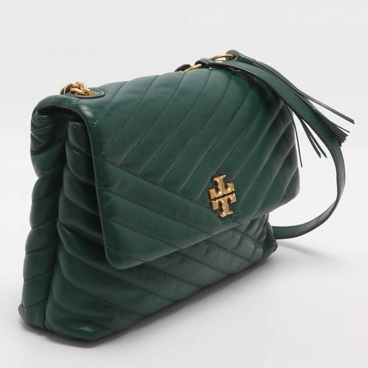 Pre Owned Tory Burch Kira Green Chevron Leather Shoulder Bag