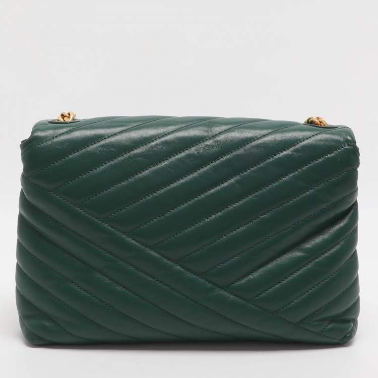 Pre Owned Tory Burch Kira Green Chevron Leather Shoulder Bag