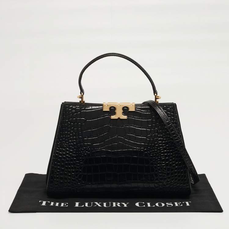 Pre Owned Tory Burch Eleanor Black Croc Embossed Leather Top Handle Bag