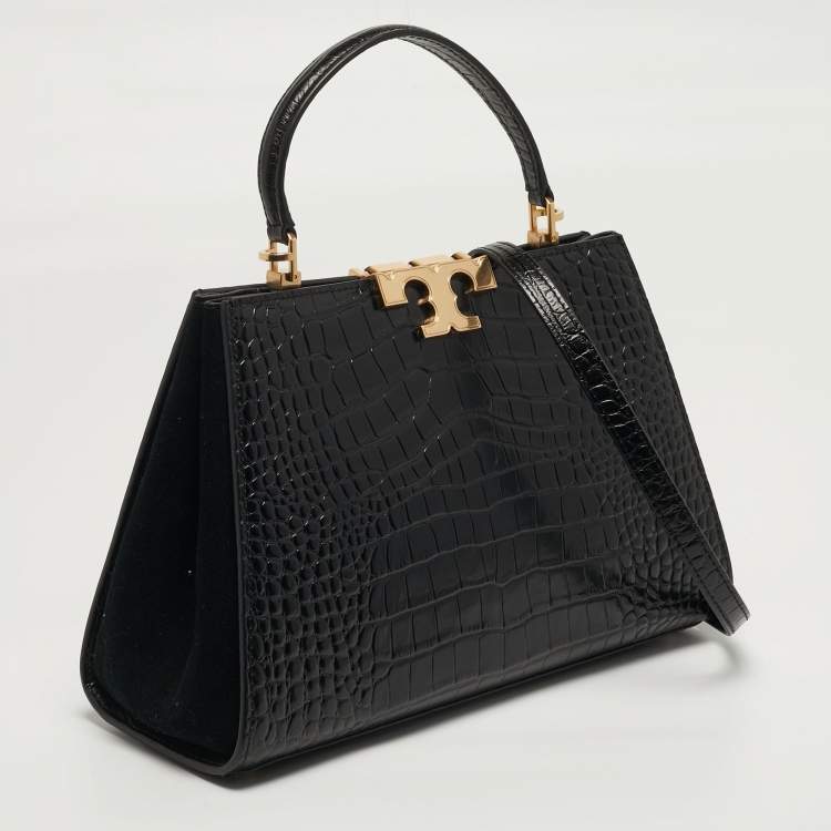 Pre Owned Tory Burch Eleanor Black Croc Embossed Leather Top Handle Bag
