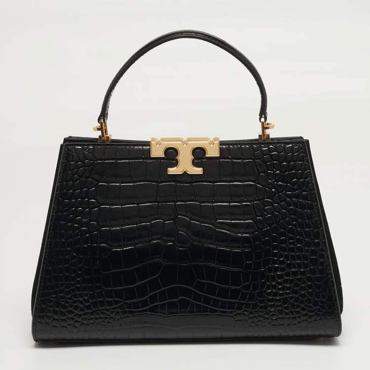 Pre Owned Tory Burch Eleanor Black Croc Embossed Leather Top Handle Bag