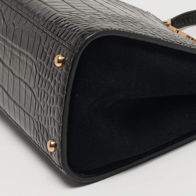 Pre Owned Tory Burch Eleanor Black Croc Embossed Leather Top Handle Bag