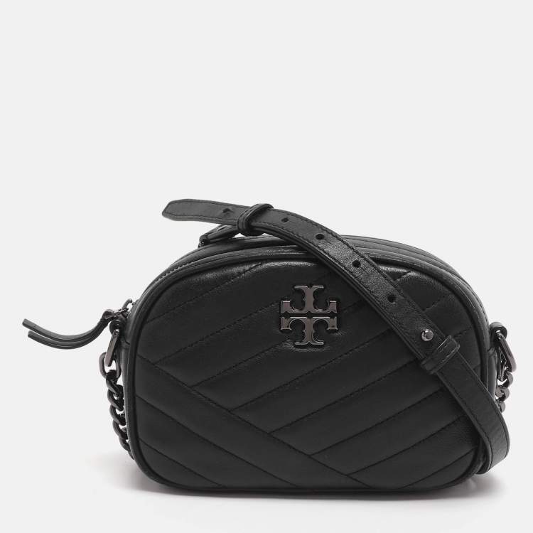 Pre Owned Tory Burch Kira Small Black Chevron Leather Crossbody Bag