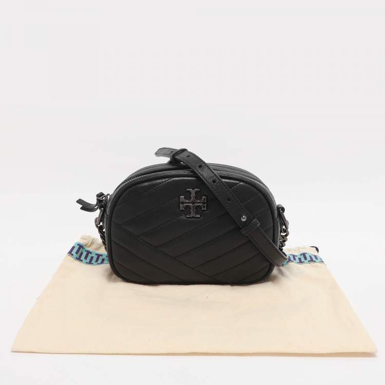 Pre Owned Tory Burch Kira Small Black Chevron Leather Crossbody Bag