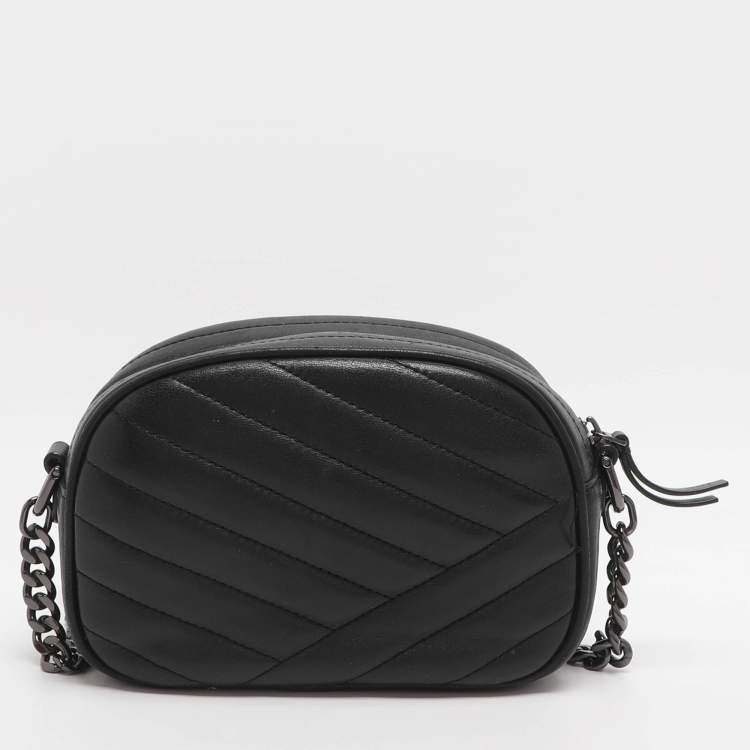 Pre Owned Tory Burch Kira Small Black Chevron Leather Crossbody Bag