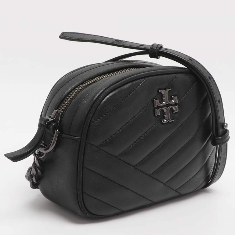 Pre Owned Tory Burch Kira Small Black Chevron Leather Crossbody Bag