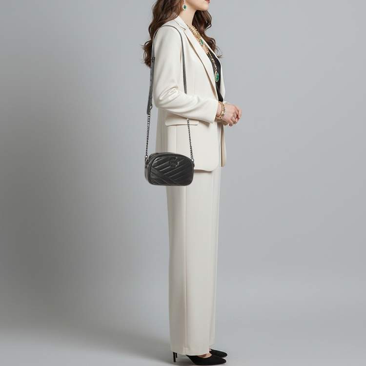 Pre Owned Tory Burch Kira Small Black Chevron Leather Crossbody Bag