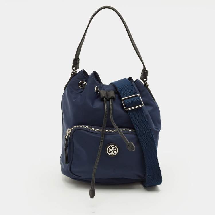 Pre Owned Tory Burch Virginia Navy Blue Nylon Bucket Bag