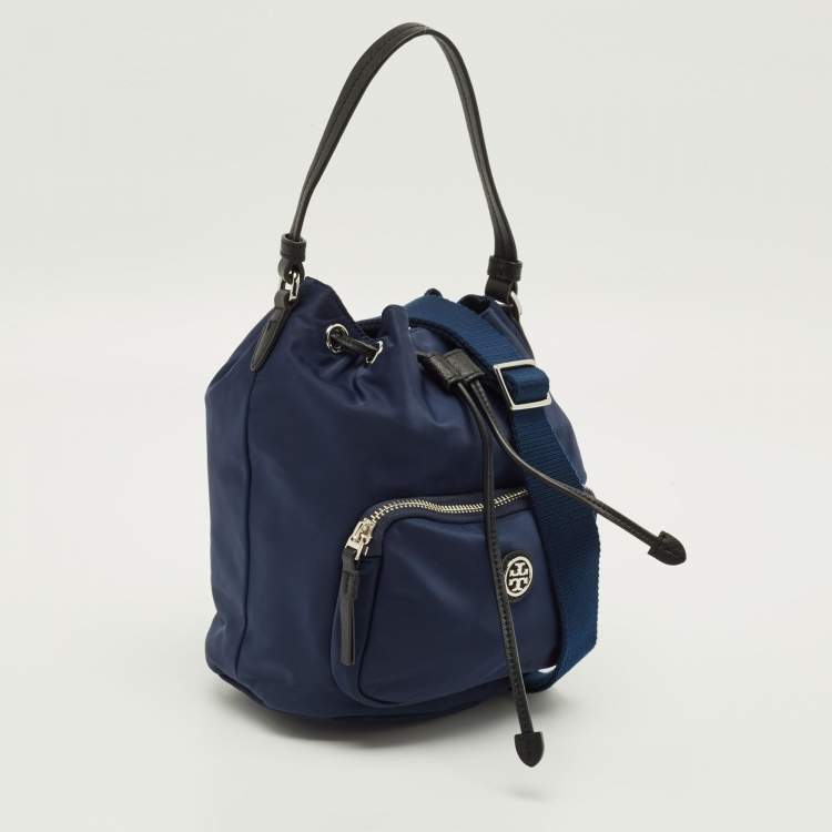 Pre Owned Tory Burch Virginia Navy Blue Nylon Bucket Bag