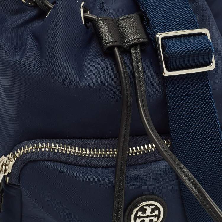 Pre Owned Tory Burch Virginia Navy Blue Nylon Bucket Bag