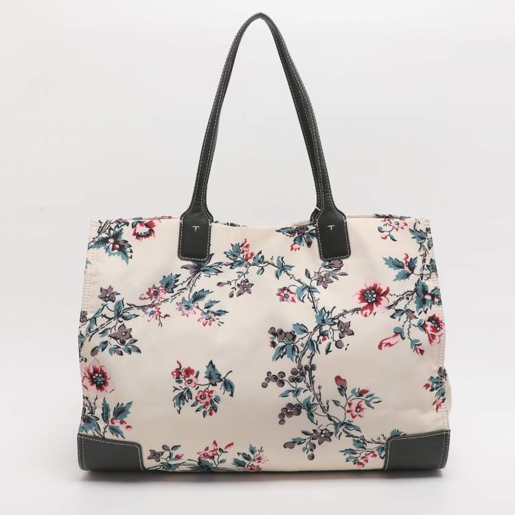 Pre Owned Tory Burch Ella Onesize Green/Multicolor Lyonnaise Floral Print Leather and Nylon Shopper Tote