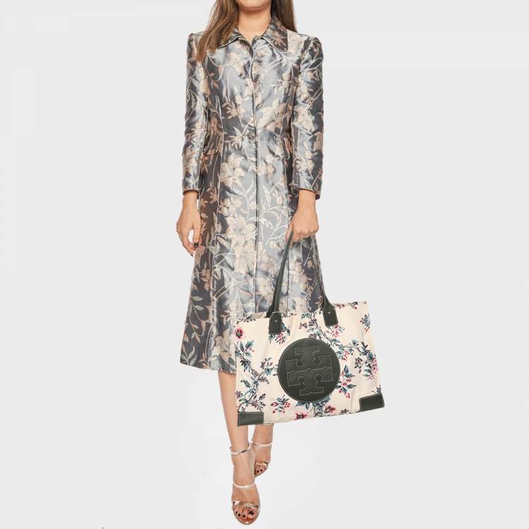 Pre Owned Tory Burch Ella Onesize Green/Multicolor Lyonnaise Floral Print Leather and Nylon Shopper Tote