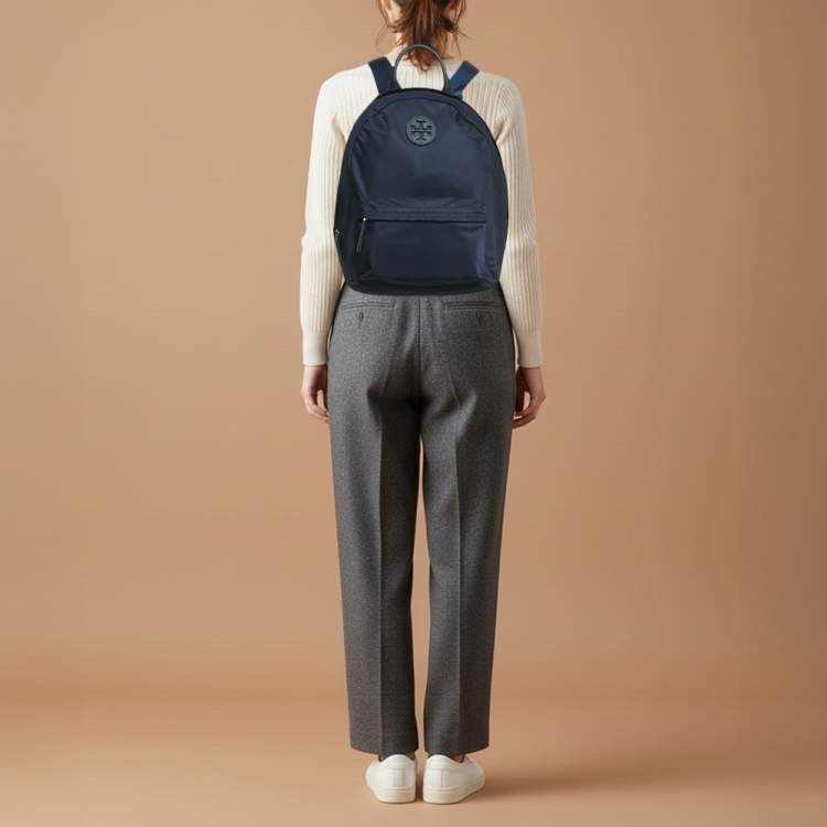 Pre Owned Tory Burch Ella Navy Blue Nylon Backpack