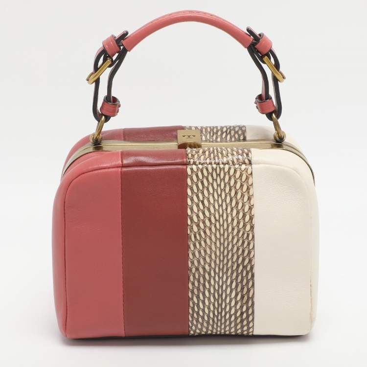 Pre Owned Tory Burch Multicolor Leather and Snake Print Leather Top Handle Bag