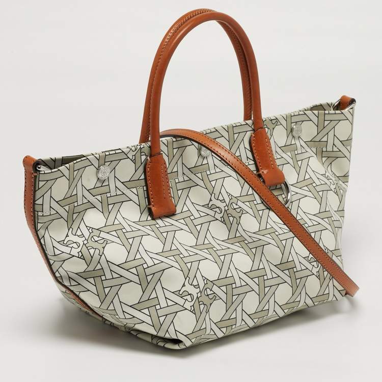 Pre Owned Tory Burch Basketweave Small Beige Canvas Tote