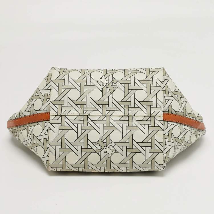 Pre Owned Tory Burch Basketweave Small Beige Canvas Tote