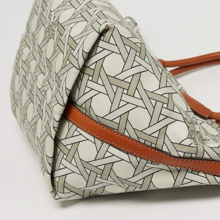 Pre Owned Tory Burch Basketweave Small Beige Canvas Tote