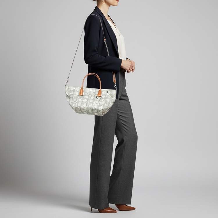 Pre Owned Tory Burch Basketweave Small Beige Canvas Tote