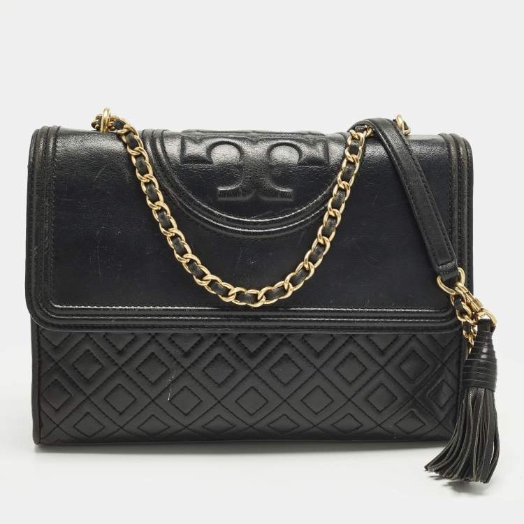Pre Owned Tory Burch Fleming Medium Black Leather Shoulder Bag