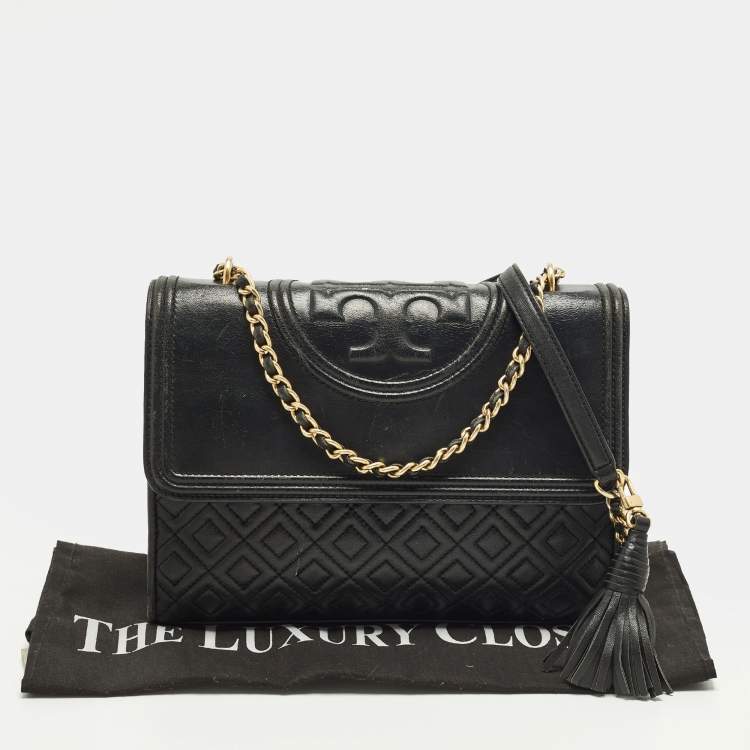 Pre Owned Tory Burch Fleming Medium Black Leather Shoulder Bag