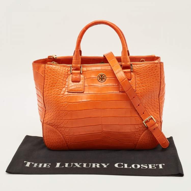 Pre Owned Tory Burch Robinson Double Zip Large Orange Croc Embossed Leather Tote