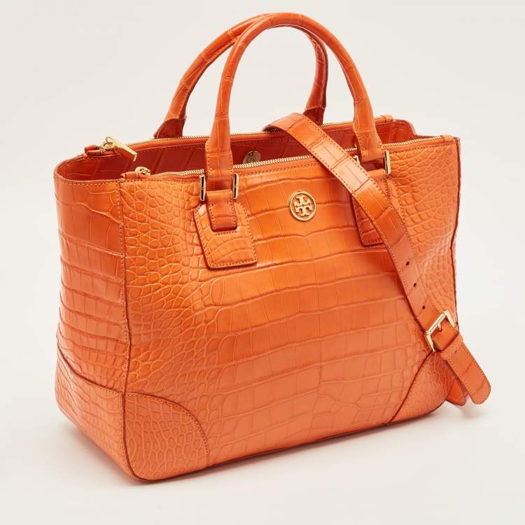 Pre Owned Tory Burch Robinson Double Zip Large Orange Croc Embossed Leather Tote