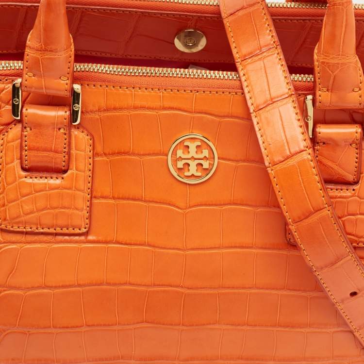Pre Owned Tory Burch Robinson Double Zip Large Orange Croc Embossed Leather Tote