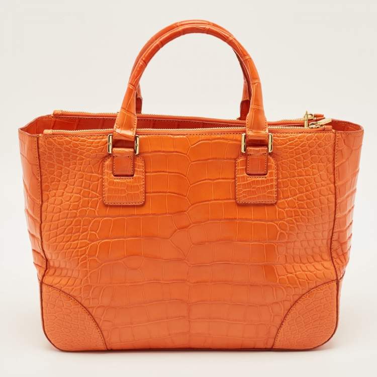 Pre Owned Tory Burch Robinson Double Zip Large Orange Croc Embossed Leather Tote