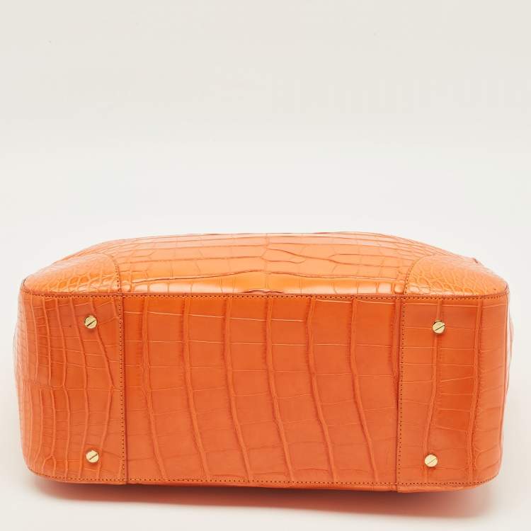 Pre Owned Tory Burch Robinson Double Zip Large Orange Croc Embossed Leather Tote