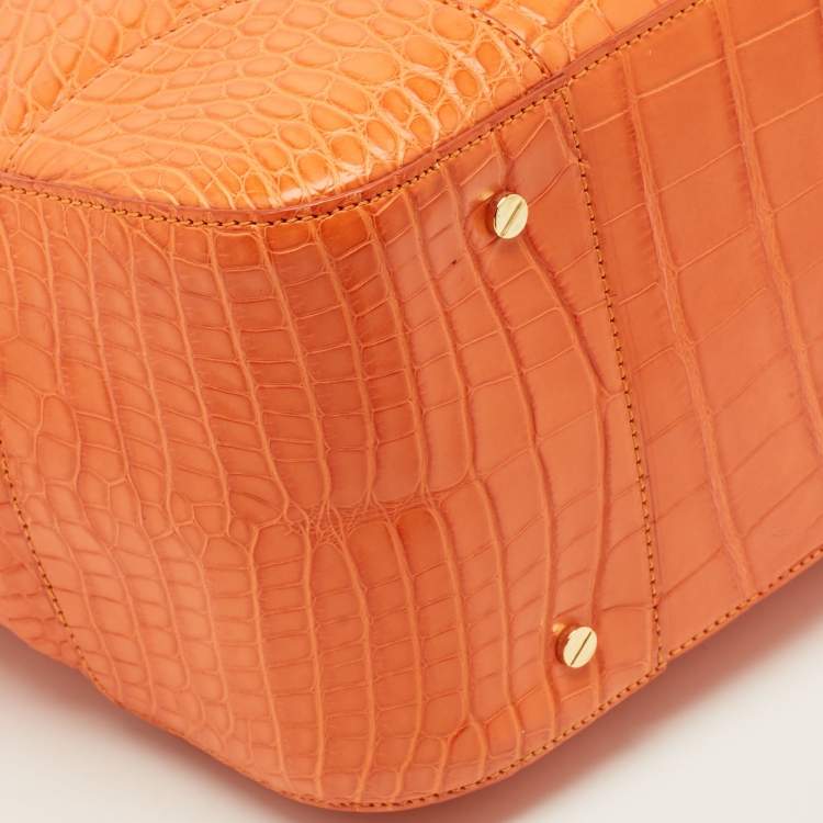 Pre Owned Tory Burch Robinson Double Zip Large Orange Croc Embossed Leather Tote