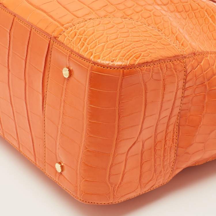 Pre Owned Tory Burch Robinson Double Zip Large Orange Croc Embossed Leather Tote