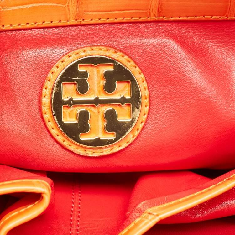 Pre Owned Tory Burch Robinson Double Zip Large Orange Croc Embossed Leather Tote